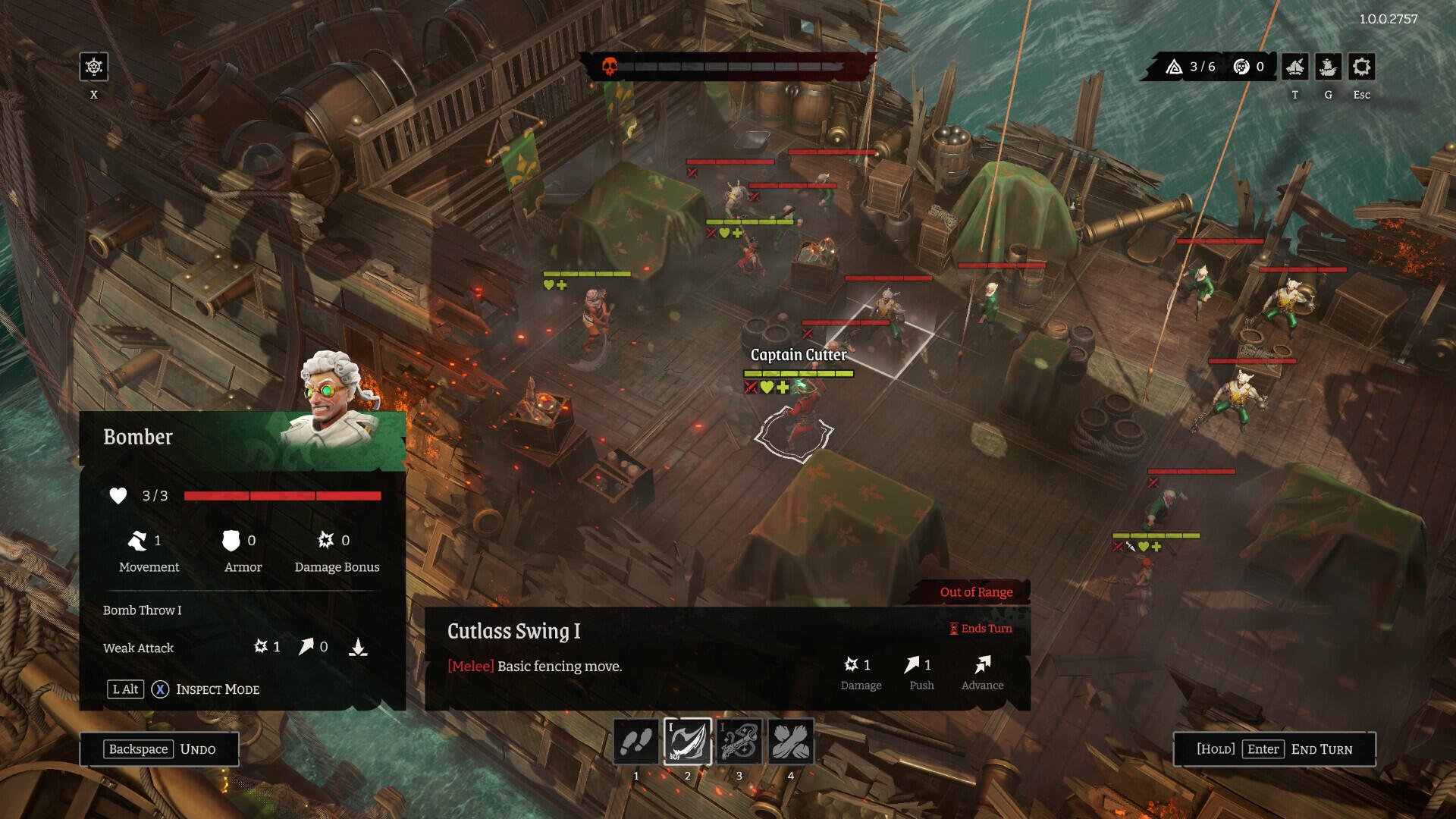 A gameplay scene from the video game Rogue Waters, featuring a character named Ember strategizing while surrounded by enemies on a ship amid crashing waves.