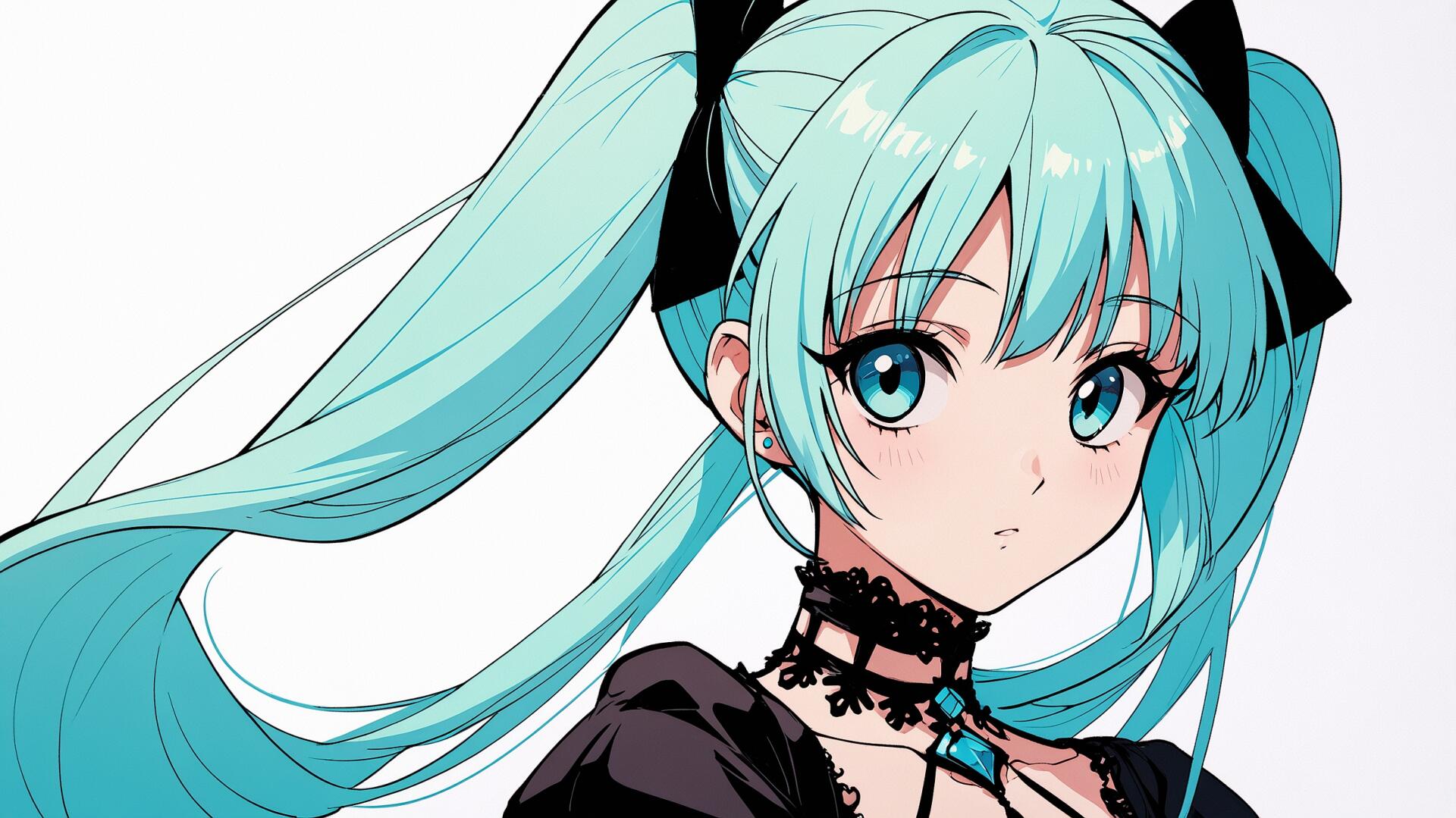 Anime girl Miku with long teal twin-tails and teal eyes, wearing a black gothic choker and outfit, gazing softly at the viewer against a white background.