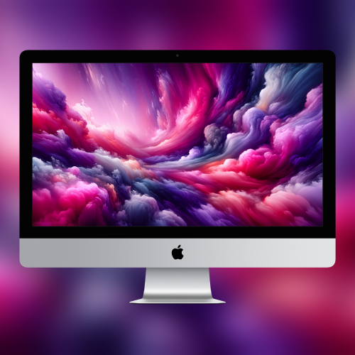 An iMac displays a vibrant, swirling abstract background of pink, purple, and blue hues, showcasing its sleek design and high-resolution screen.