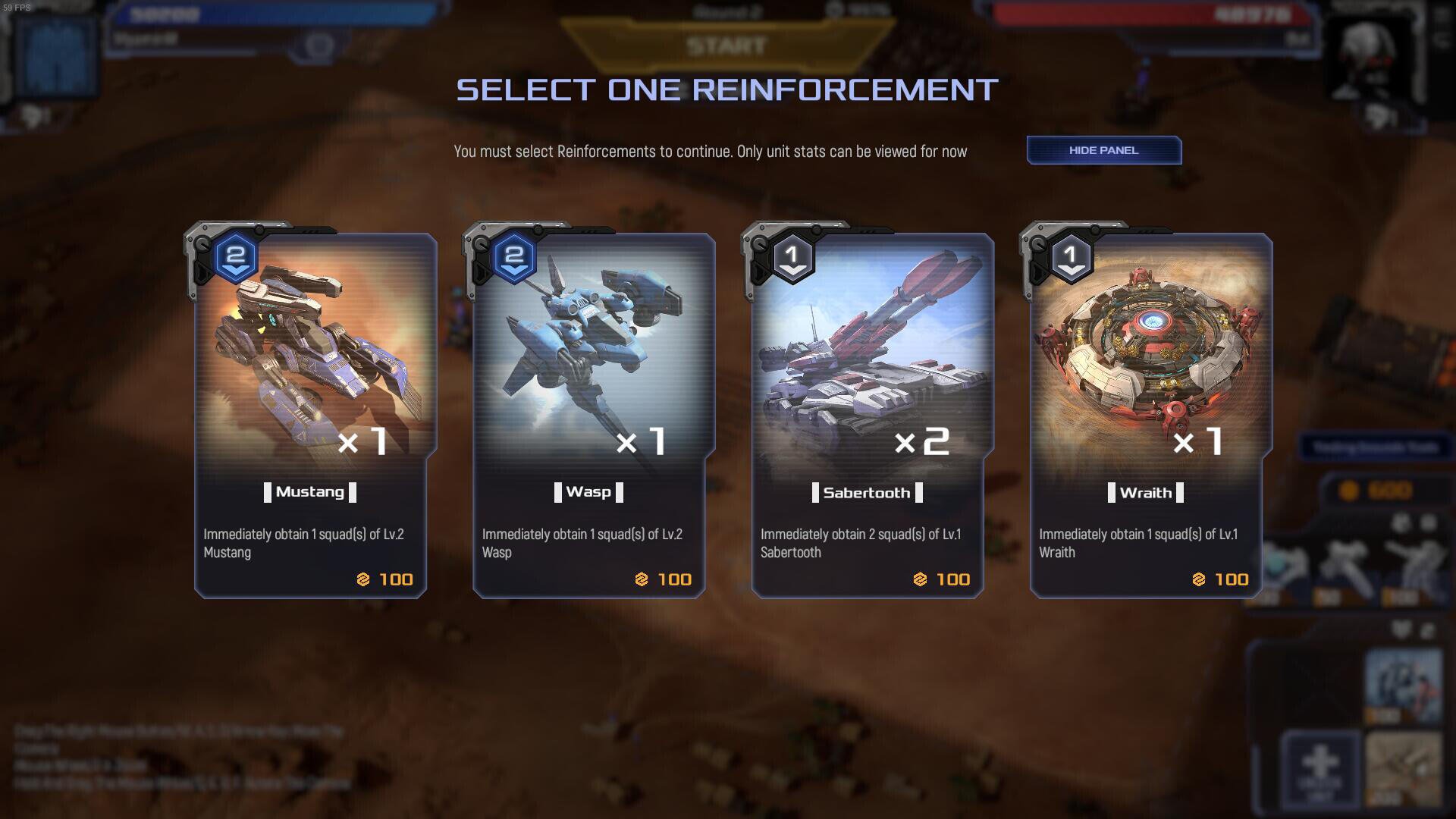 A screenshot from the video game Mechabellum showcasing a selection screen for reinforcement units, displaying various mech options with stats and costs.