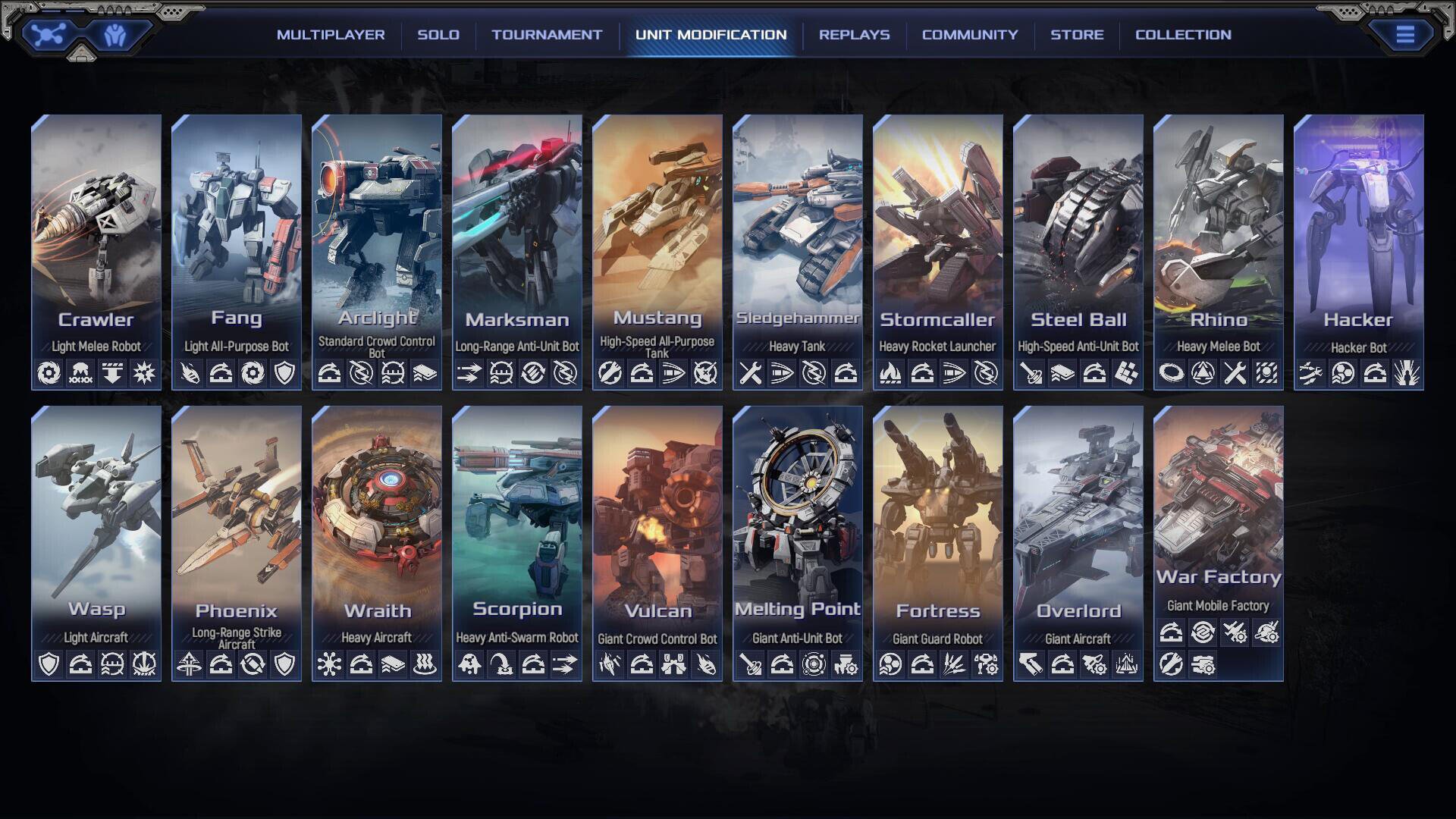 A grid displaying various unit modifications from the video game Mechabellum, featuring detailed images of mechs and their stats for gameplay customization.