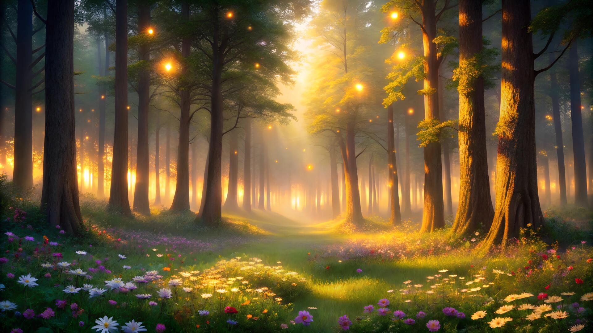 A magical forest bathed in soft golden sunlight, mist rising between tall ancient trees with glowing by soheltanwar