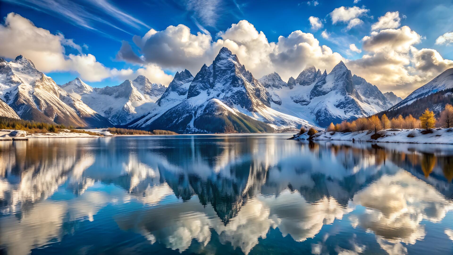 Majestic snow-covered mountains under a crystal-clear sky, with fluffy clouds hugging the peaks and by soheltanwar