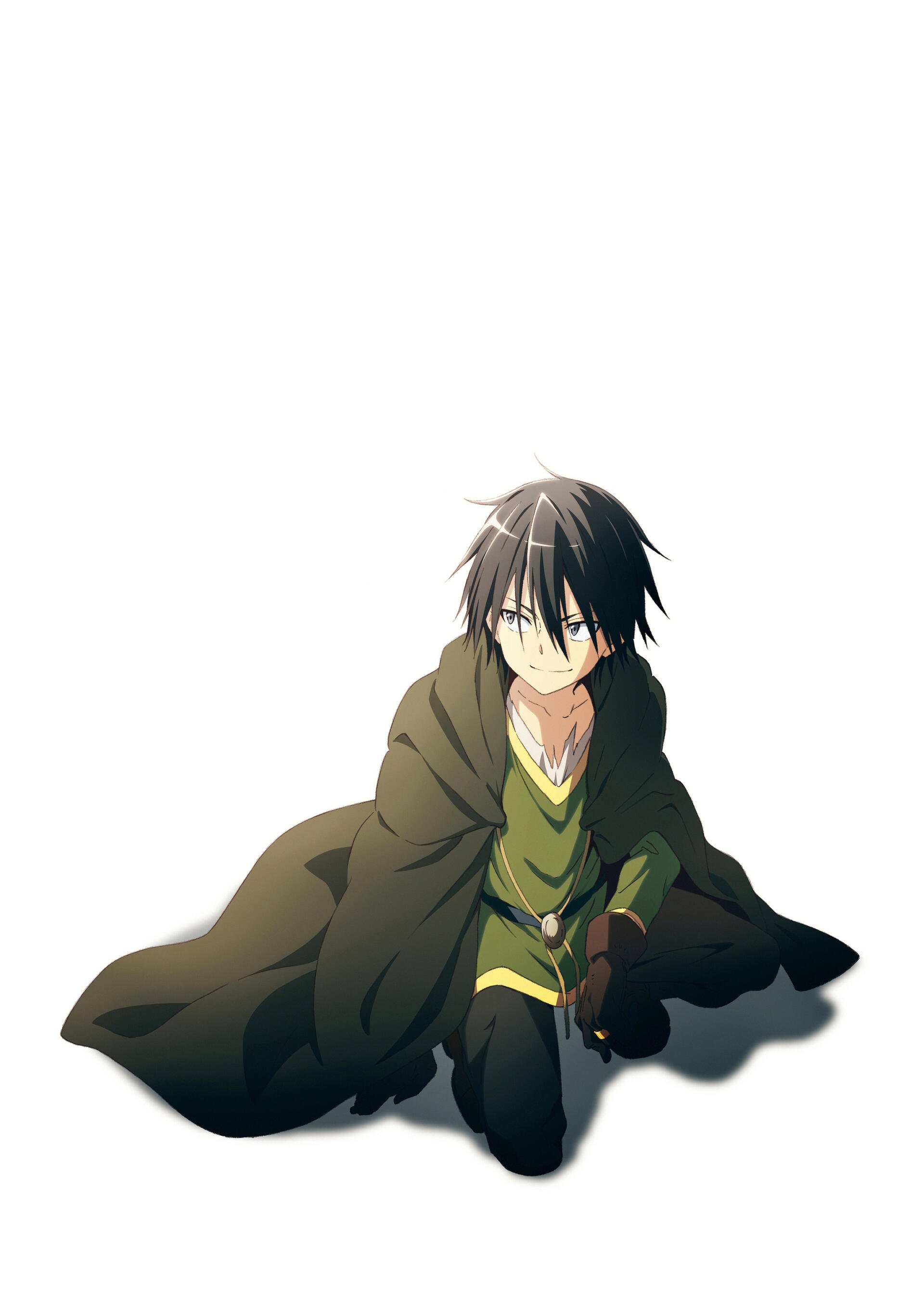 A lone character from the anime Loner Life in Another World sits on the ground, wearing a dark cloak and a green outfit, with an introspective expression against a plain background.
