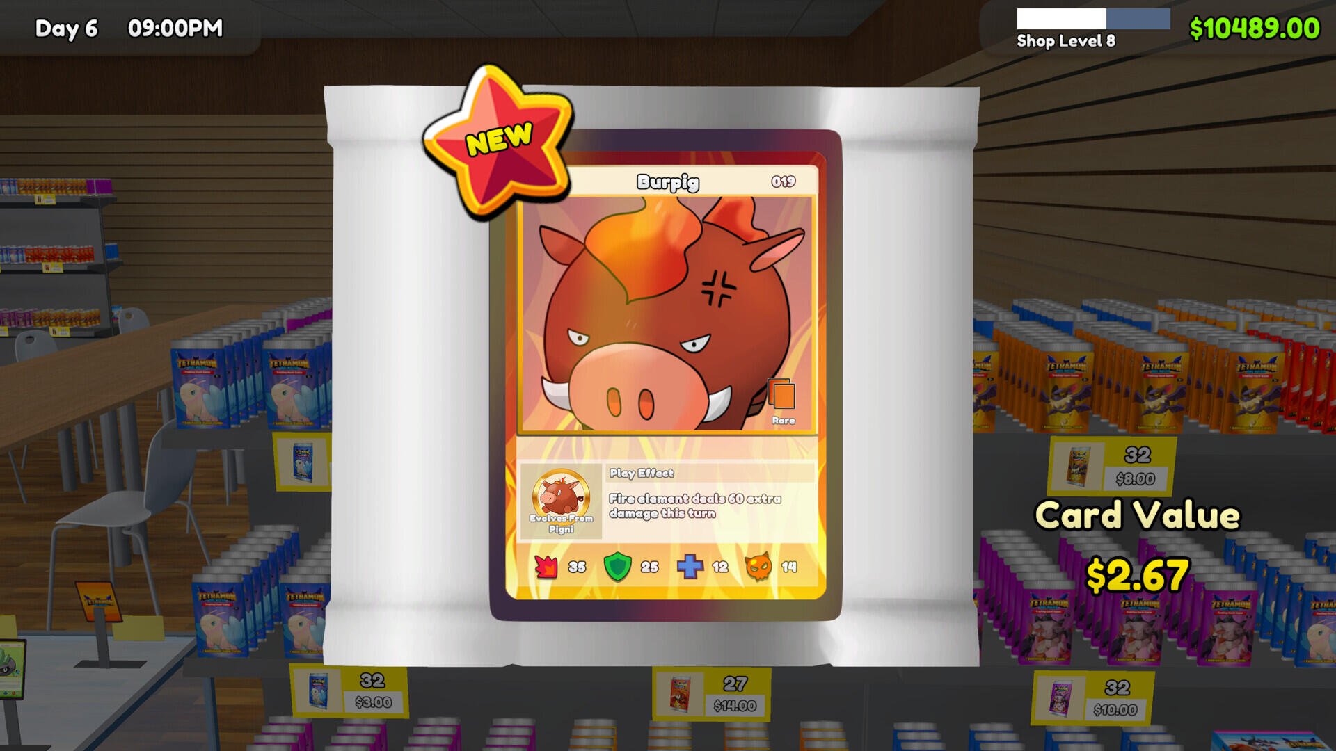 A new card, featuring a boar character, is displayed in the TCG Card Shop Simulator. The card's value is $2.67, surrounded by various card packs in a vibrant shop setting.