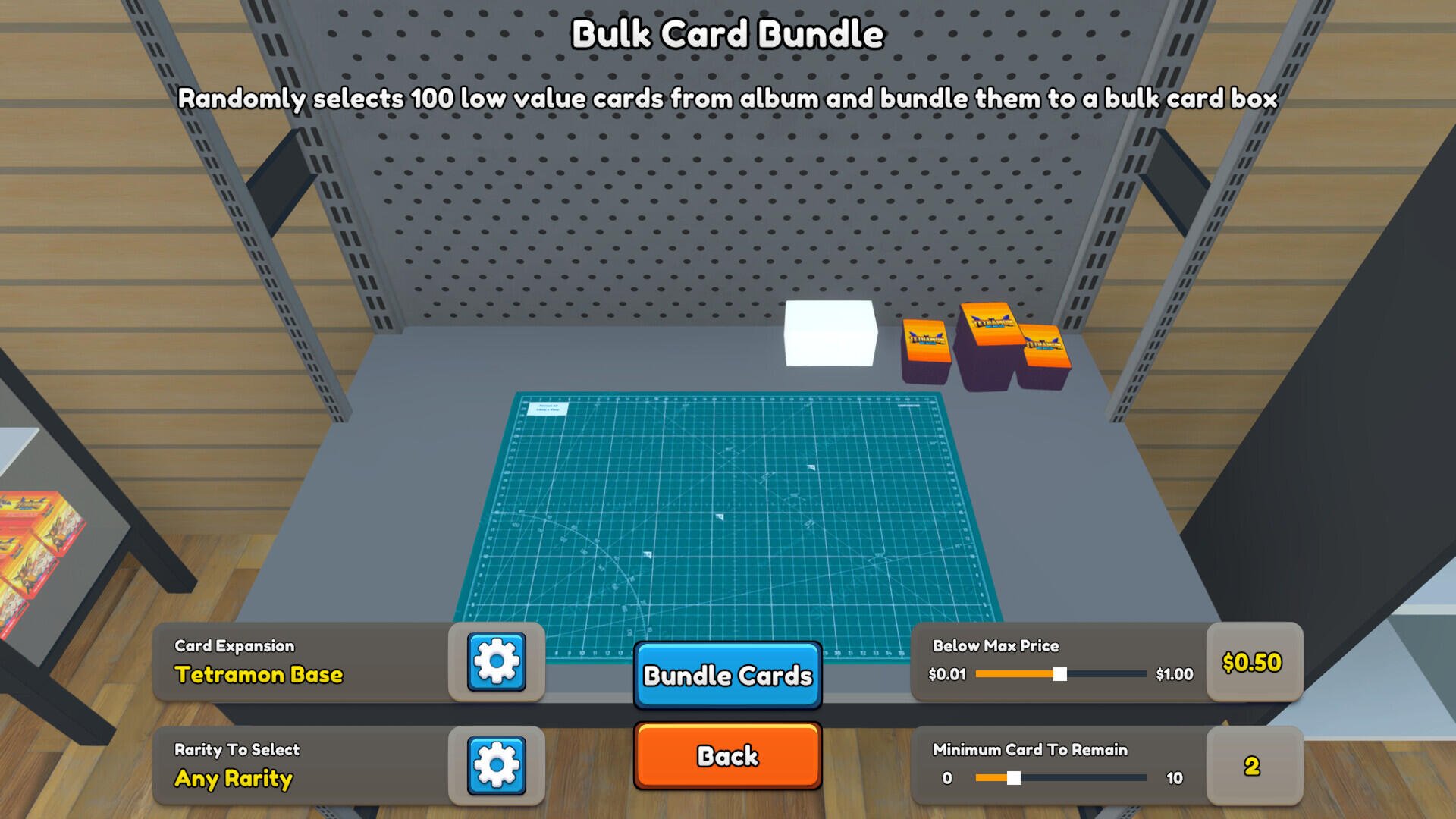 A digital workspace in the TCG Card Shop Simulator displays a card bundling interface, showcasing options to select and bundle 100 low-value cards from the collection.