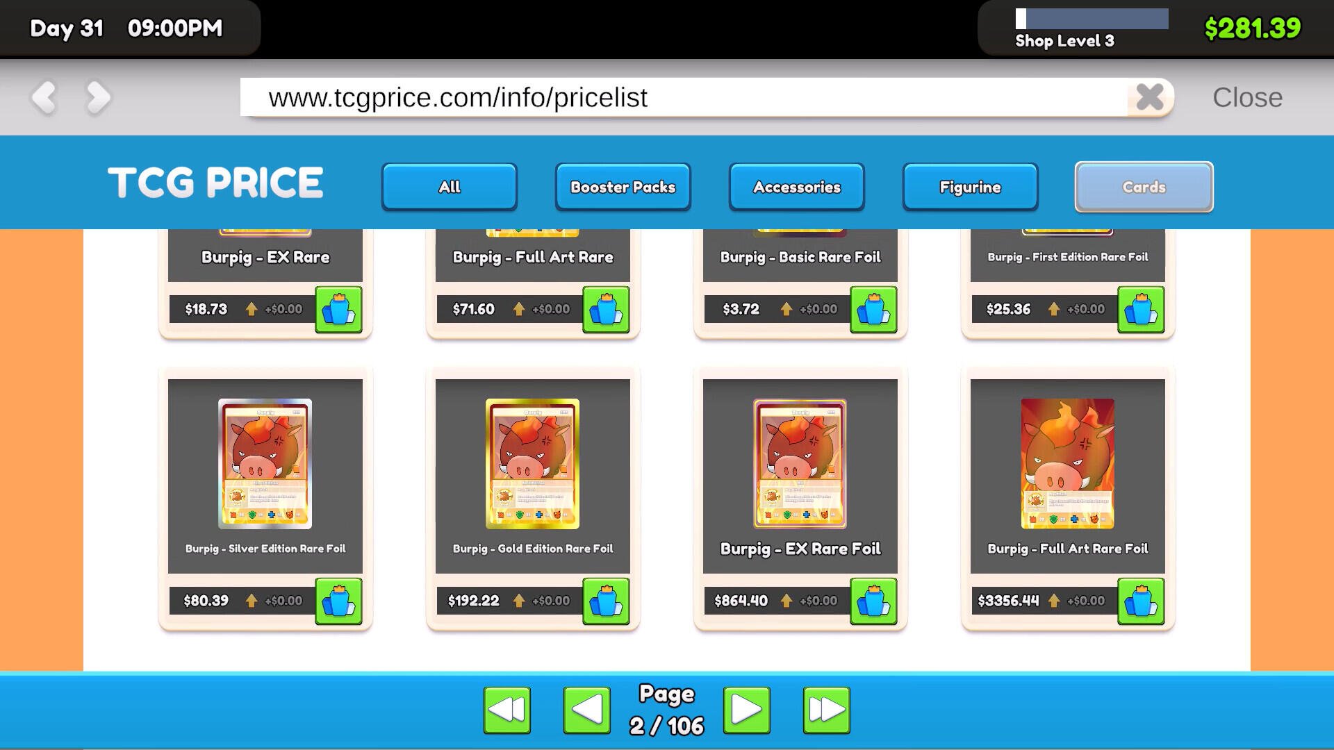 A screenshot from TCG Card Shop Simulator displays various trading card prices and details, highlighting featured cards and their market values.