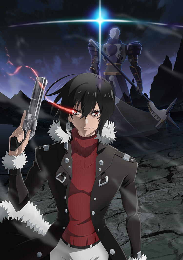 A character from the anime The Most Notorious Talker Runs the World's Greatest Clan stands confidently with a gun, showcasing a dramatic scene with a shadowy figure in the background.