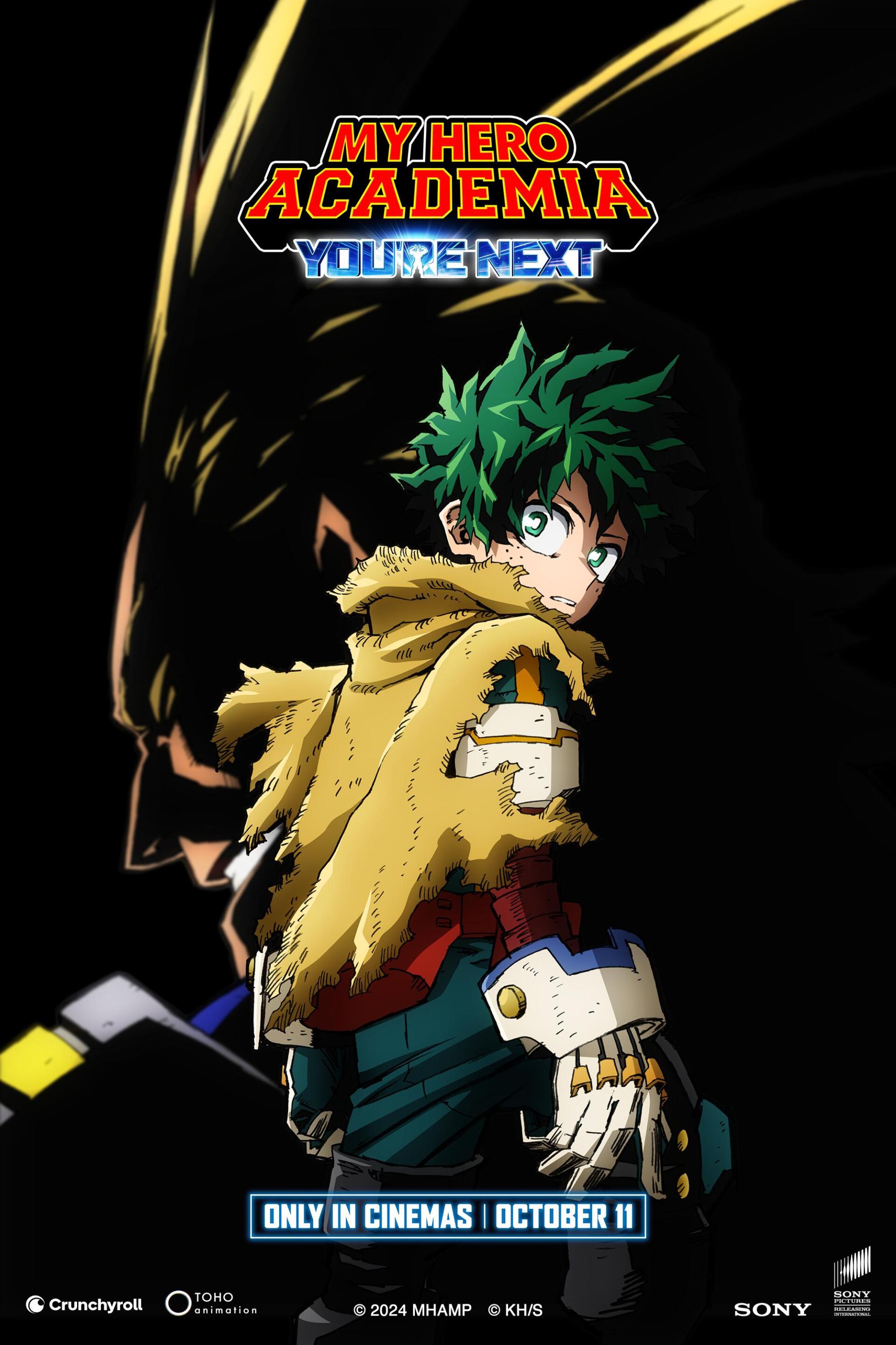 Izuku Midoriya stands confidently in this promotional image for My Hero Academia: You're Next, with a shadowy figure behind him. The film hits cinemas on October 11.