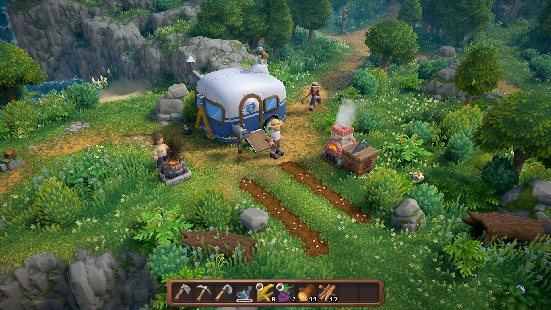 A vibrant scene from the video game Luma Island, featuring a colorful campsite with characters engaged in activities among lush greenery and flowing paths.