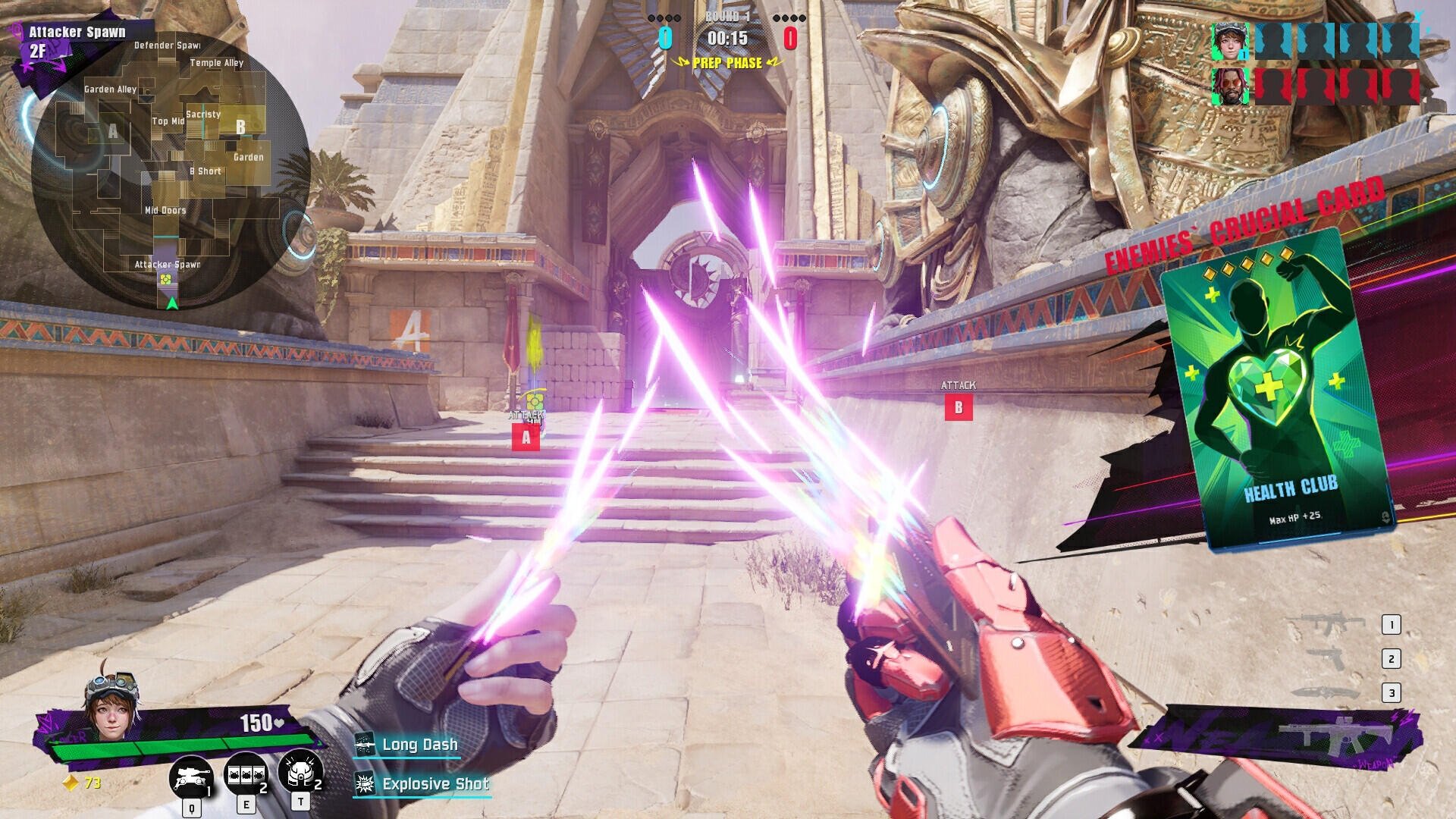 A player in FragPunk wields glowing purple weaponry while facing an ornate temple, showcasing dynamic gameplay and strategy within a vibrant digital environment.
