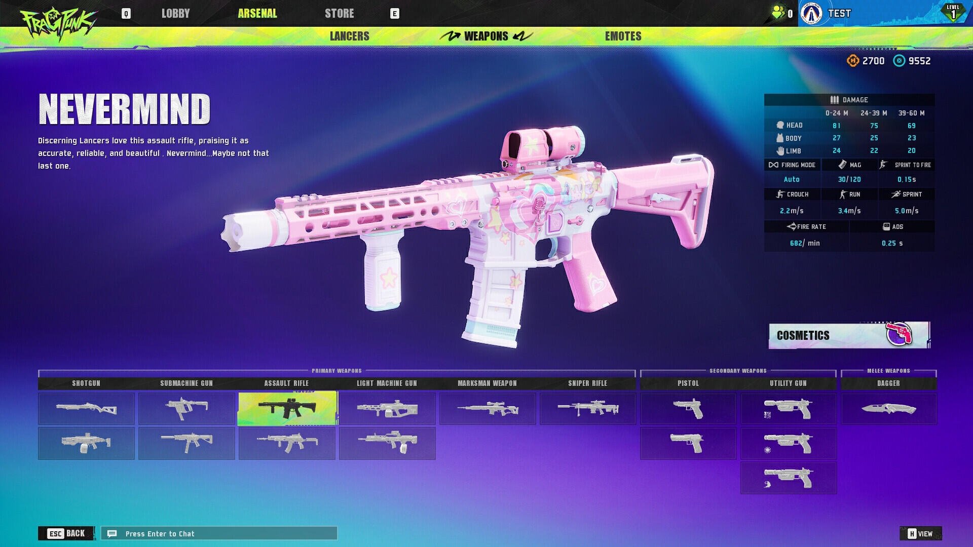A colorful weapon customization screen from the video game FragPunk, showcasing a pink-themed assault rifle named Nevermind with various stats and options displayed.