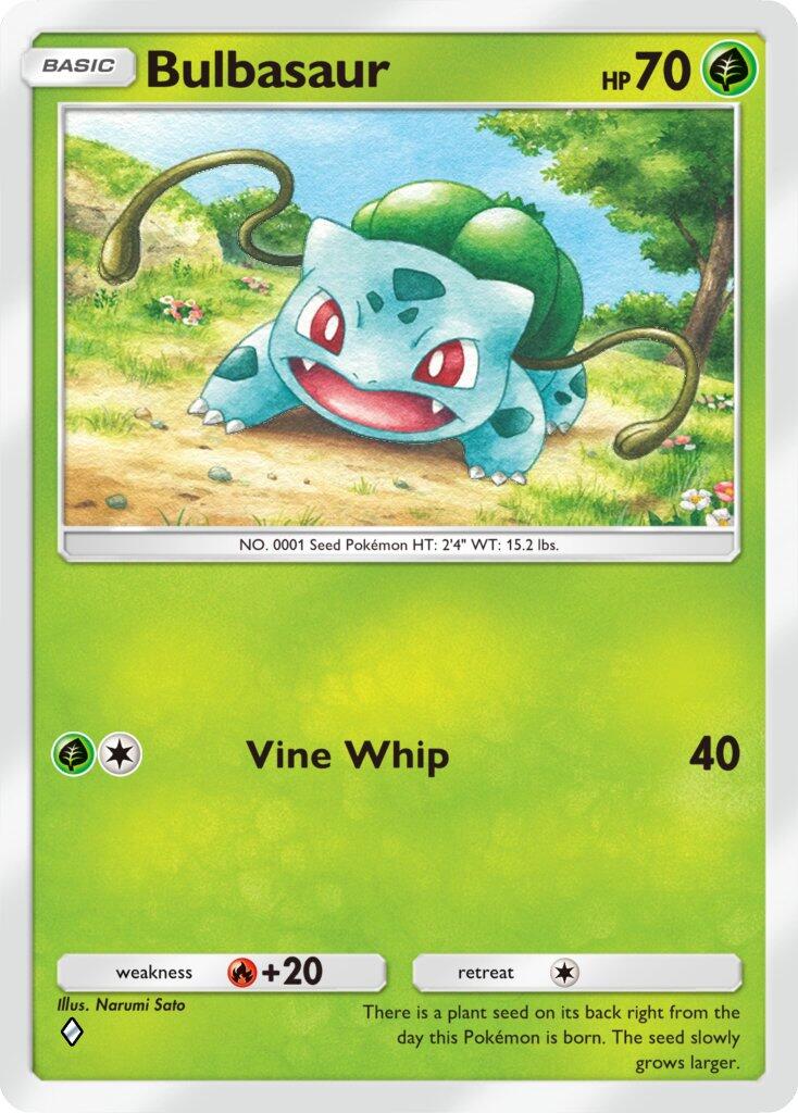 An illustration of Bulbasaur from the Pokémon Trading Card Game Pocket, showcasing its adorable features and the move Vine Whip. A lively depiction of this beloved seed Pokémon.