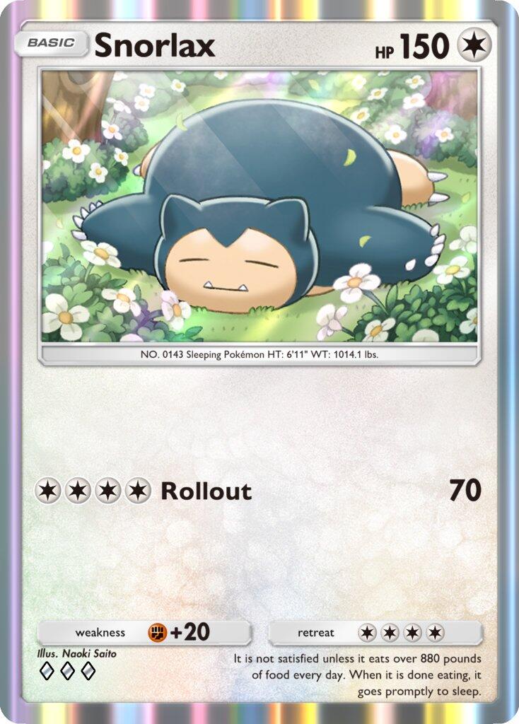A Pokémon Trading Card Game card featuring Snorlax, a sleepy Pokémon, lying in a field of flowers, showcasing its HP of 150 and the ability Rollout.