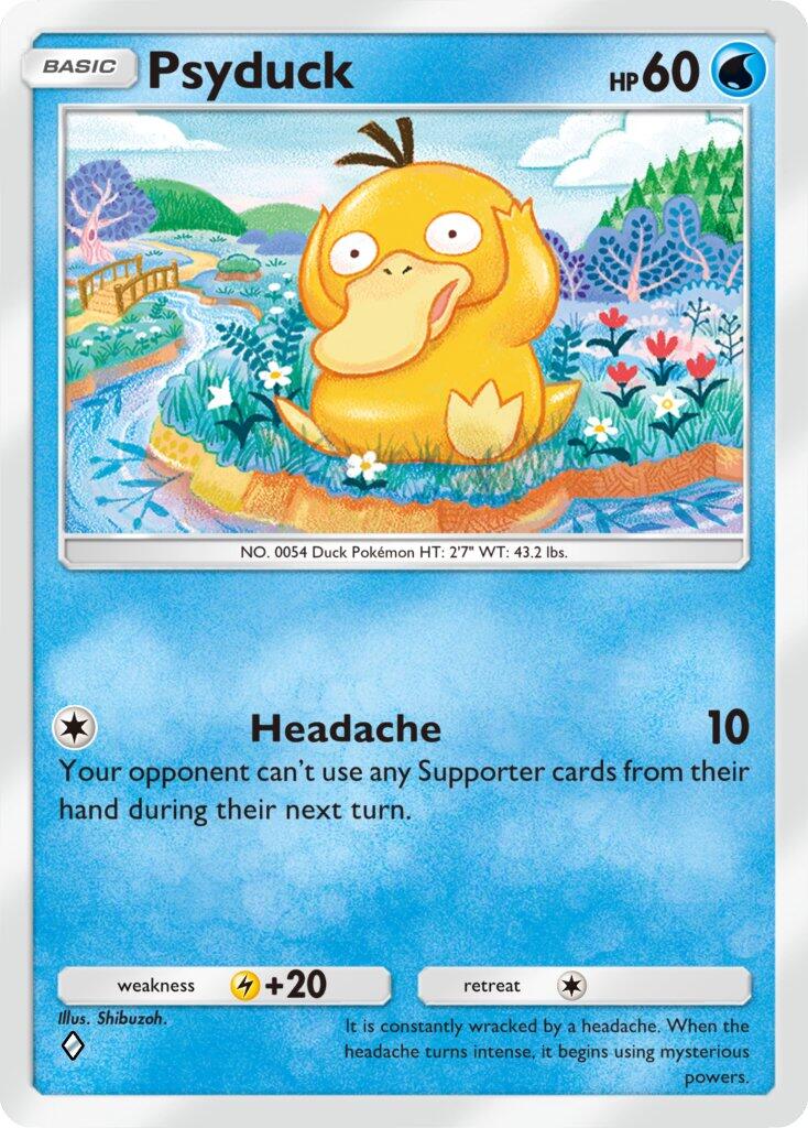 A Pokémon Trading Card Game Pocket card featuring Psyduck, depicted in a colorful landscape. The card highlights Psyduck's Headache move, affecting the opponent's play.