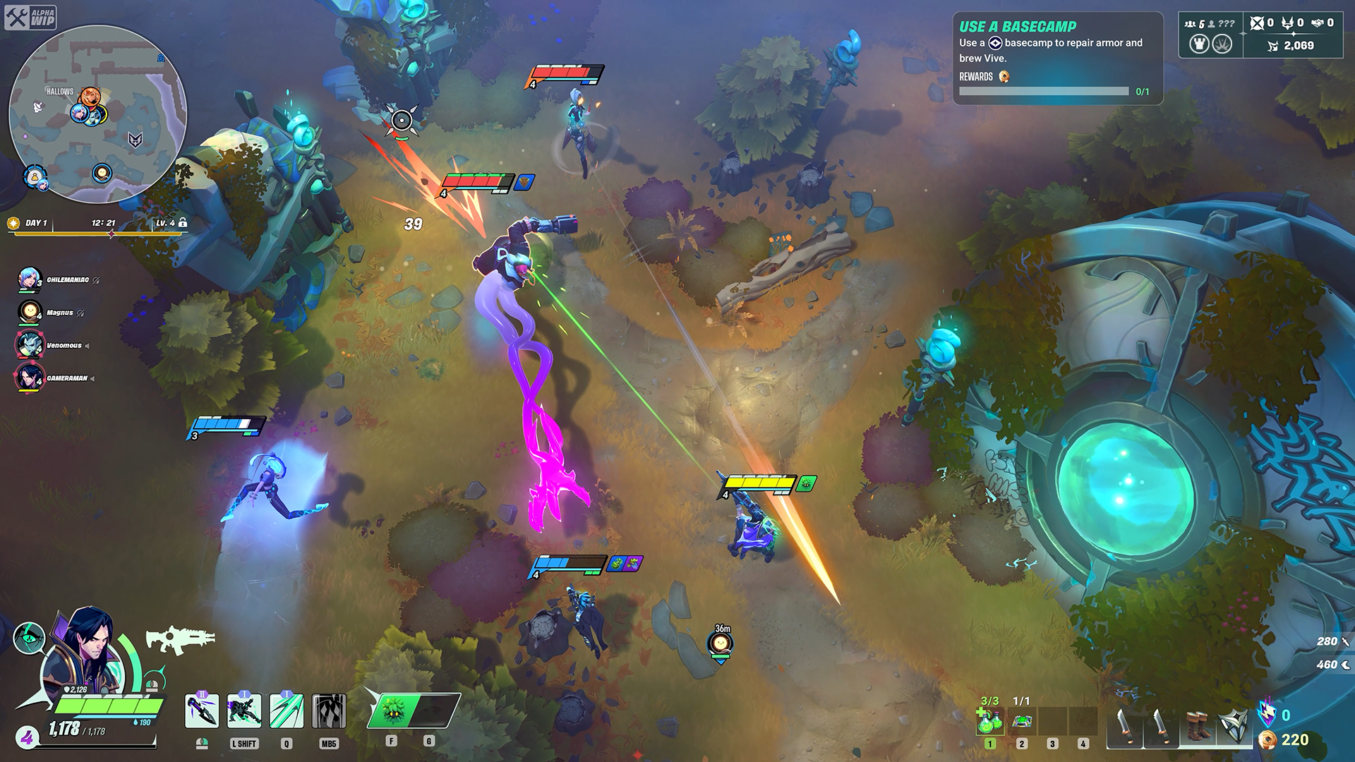 An action-packed scene from the video game Supervive, featuring characters in combat amidst a vibrant background, with energy beams and strategic gameplay elements visible.