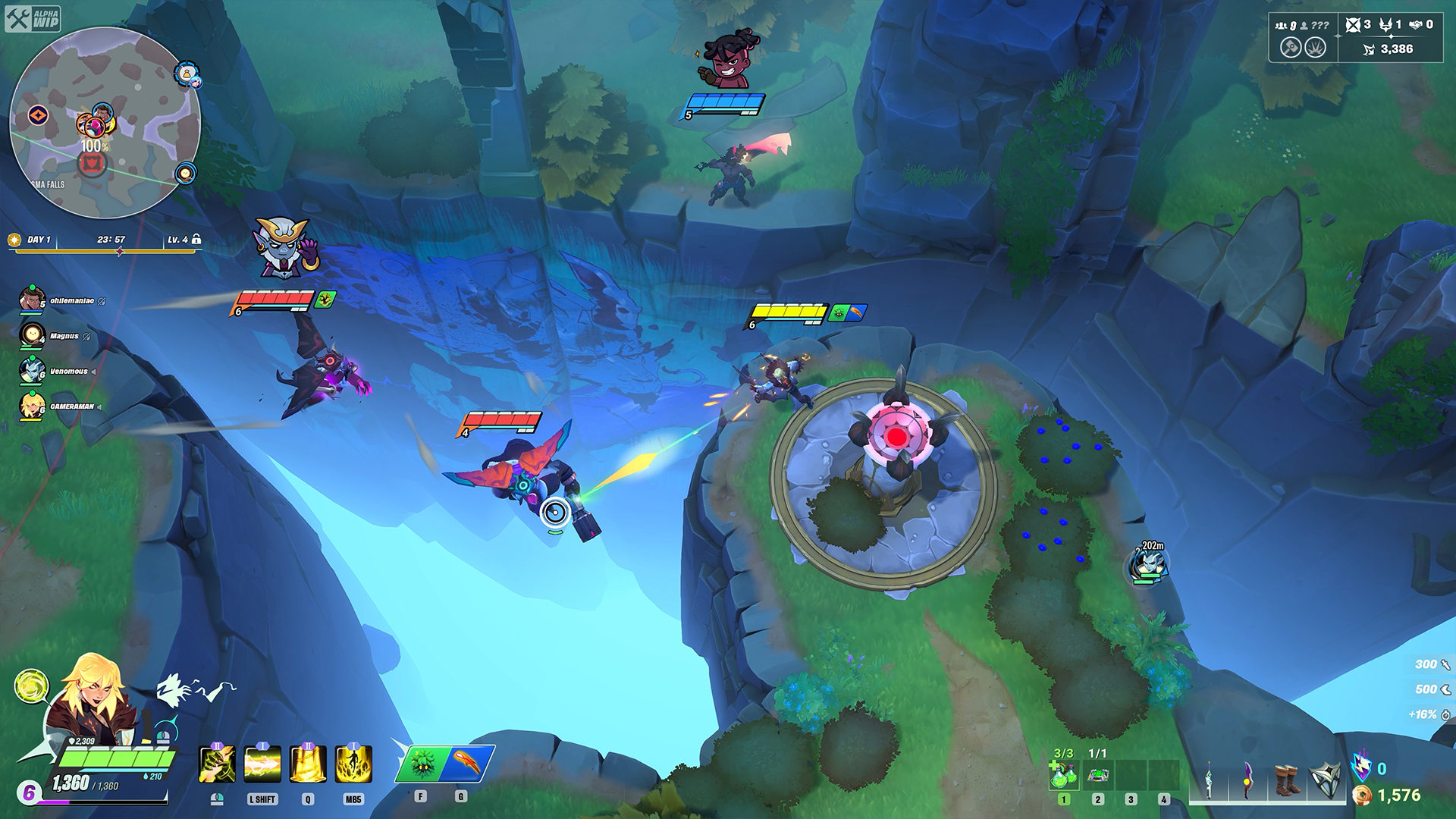 An overhead view of a multiplayer scene from the video game Supervive, showcasing characters battling across a vibrant, colorful landscape with various abilities and strategies in action.
