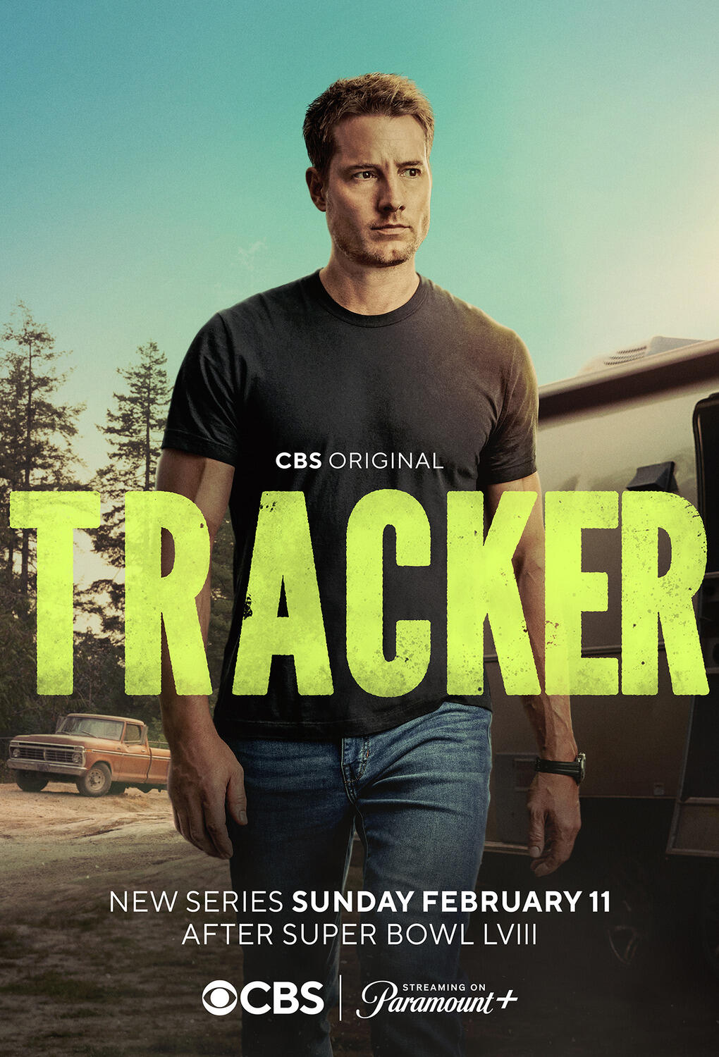 Promotional image for the CBS original series Tracker featuring Justin Hartley, debuting Sunday, February 11, after Super Bowl LVIII.