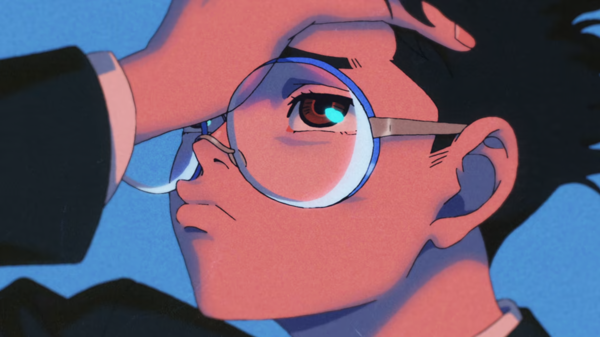 Close-up of a character from Dandadan adjusting large round glasses, inspired by the style of Ken Takakura.