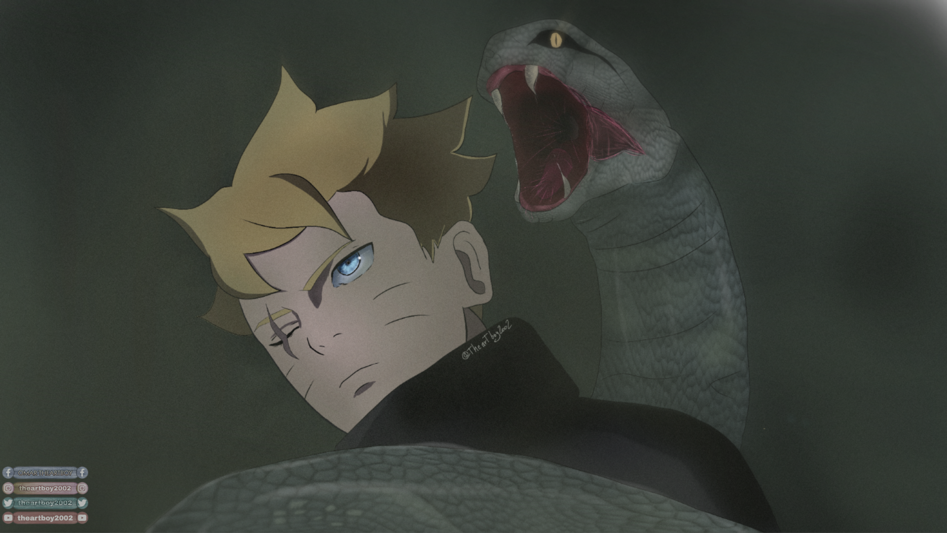 Boruto (Boruto Uzumaki) recoils as a massive snake coils around him, its open maw bared behind his head.