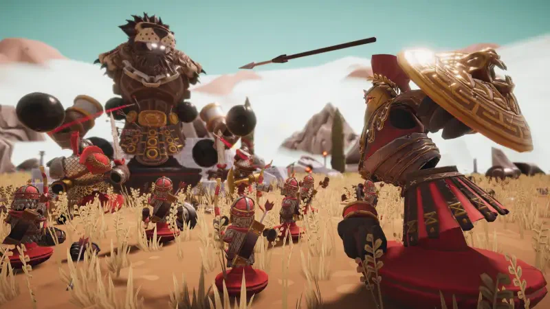 A scene from the video game Toy Tactics, showcasing a battle between miniature warriors in a grassy landscape against a towering giant in the background.