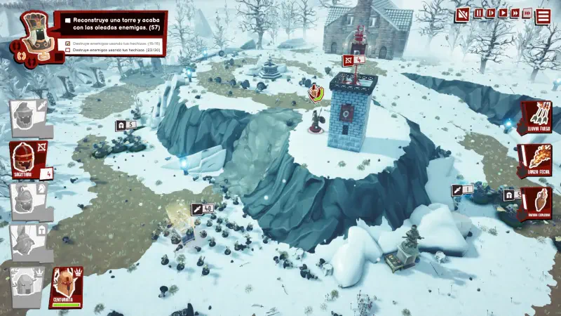 An aerial view of a snowy landscape in the video game Toy Tactics, showcasing strategic gameplay with various characters and obstacles on rugged terrain.