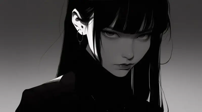 Monochrome illustration of a pale young woman with long black hair and bangs, dark eyes and multiple ear piercings, staring downward with a moody, shadowed expression.