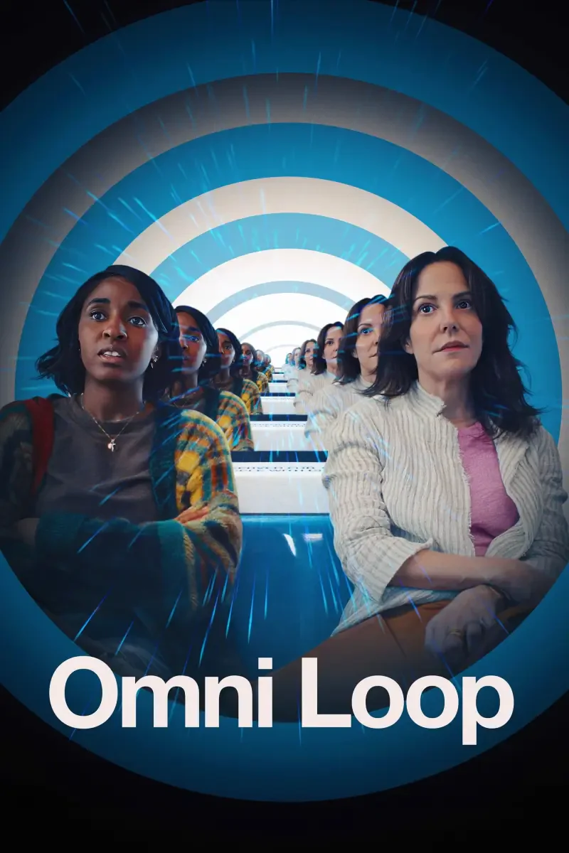 Two women sit in a futuristic setting with a circular background, highlighting the film Omni Loop. The atmosphere suggests a blend of suspense and excitement.