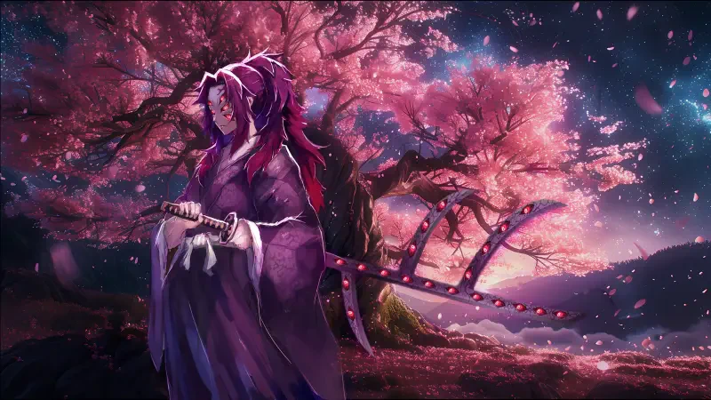Kokushibo from Demon Slayer stands beneath glowing cherry blossoms at night, his six eyes and swords creating a haunting, powerful atmosphere.