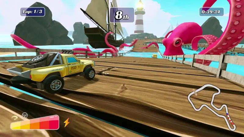 A vibrant scene from the video game Matchbox Driving Adventures shows a yellow truck navigating a wooden pier, with playful pink octopuses and a lighthouse in the background.