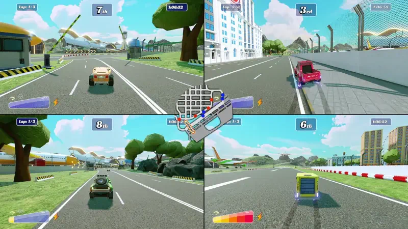 A vibrant scene from the video game Matchbox Driving Adventures, featuring four players racing on colorful tracks with dynamic environments in a competitive split-screen layout.