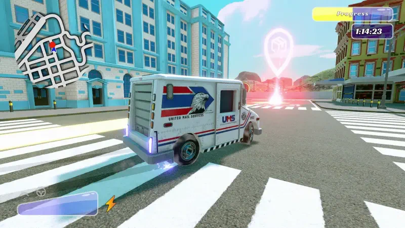 A scene from Matchbox Driving Adventures featuring an emergency vehicle navigating a city intersection, with colorful buildings and a destination marker in the background.