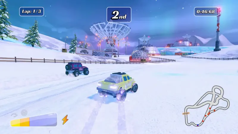 A colorful scene from the video game Matchbox Driving Adventures, featuring vehicles racing through a snowy landscape with a festive background, displaying a second-place position.