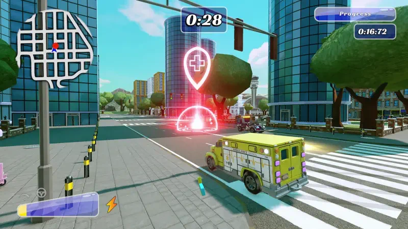 A vibrant scene from the video game Matchbox Driving Adventures, featuring a yellow vehicle navigating a city intersection with a timer and mission indicator on screen.