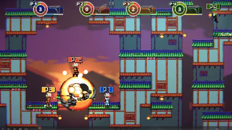 A vibrant scene from the video game Anarkade, featuring colorful characters engaged in a dynamic battle on a multi-level platform set against a dramatic sunset backdrop.