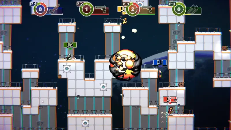A vibrant scene from the video game Anarkade, showcasing colorful characters battling on a multi-layered structure, with dynamic explosions and interactive gameplay elements.