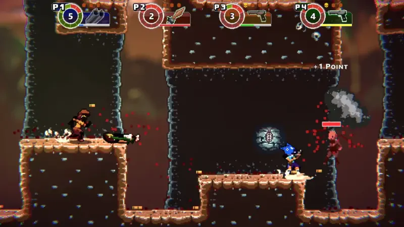 A dynamic scene from the video game Anarkade, featuring four characters in a pixelated environment engaged in combat, with health indicators and score displays visible.