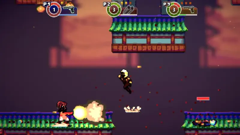 A dynamic scene from the video game Anarkade, featuring colorful characters engaged in a shootout amidst vibrant, traditionally inspired platforms and backgrounds.