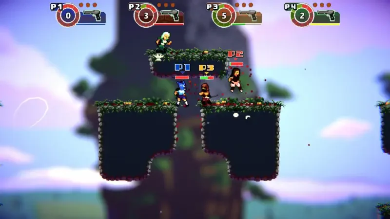 Four characters engage in a multiplayer battle in the video game Anarkade, navigating platforms surrounded by vibrant greenery against a colorful background.