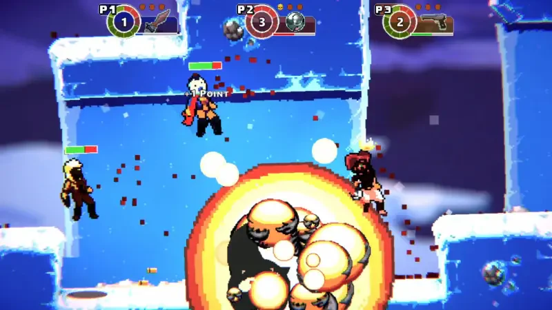 Two characters battle against a colorful background in the video game Anarkade, featuring dynamic action and explosive elements during gameplay.
