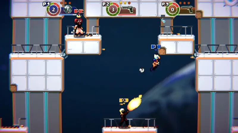 A dynamic scene from the video game Anarkade, featuring players engaged in a competitive battle on multi-level platforms, with colorful weapon effects and character interactions.