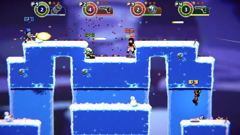 A colorful scene from the video game Anarkade, featuring characters engaging in combat on snowy platforms, with player indicators and action-packed gameplay elements.