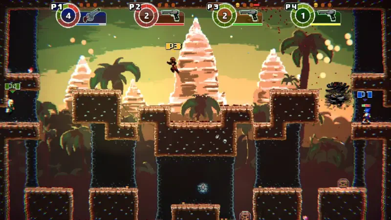 A vibrant scene from the video game Anarkade, featuring characters navigating a colorful, jungle-themed landscape with pyramid-like structures and bright backgrounds.
