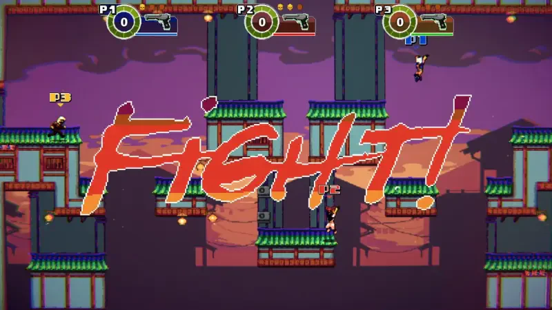 A vibrant scene from the video game Anarkade, featuring characters battling in a colorful, multi-level arena, with the bold text FIGHT! vividly displayed.