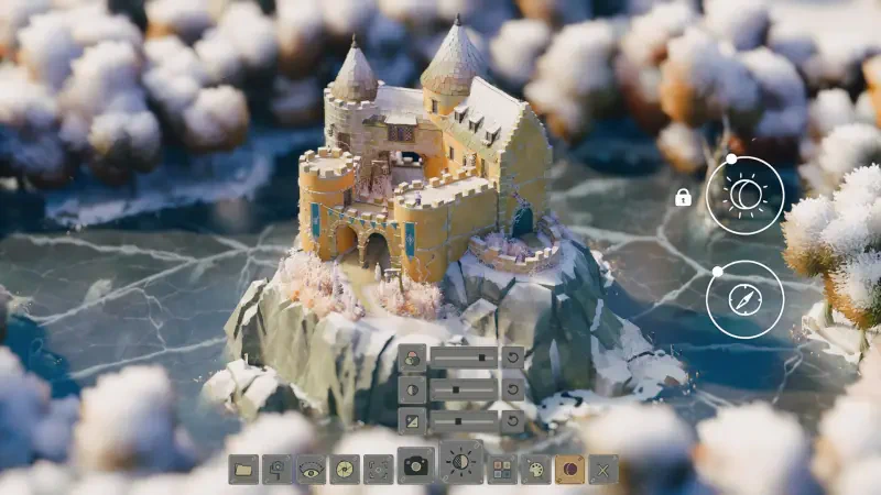 A scenic view from the video game Tiny Glade, showcasing a colorful castle atop a rocky outcrop, surrounded by fluffy white clouds and icy terrain.