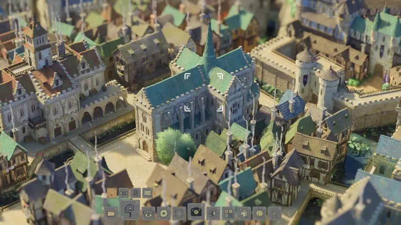 A detailed aerial view of a vibrant, quaint village from the video game Tiny Glade, showcasing charming architecture and lush greenery amidst the picturesque landscape.