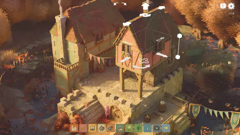 A picturesque scene from the video game Tiny Glade, featuring a charming medieval-style building surrounded by autumn trees and decorated with colorful banners.