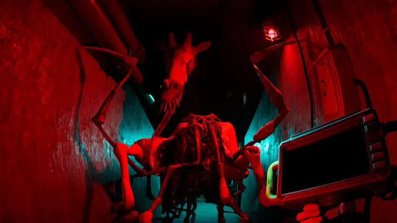 A creature with elongated limbs and a distorted giraffe head looms in a dimly lit corridor, creating an eerie atmosphere in the video game Zoochosis.