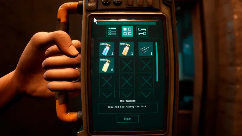 A player's hand holds a device displaying inventory in the video game Zoochosis, featuring items needed for crafting and gameplay mechanics.