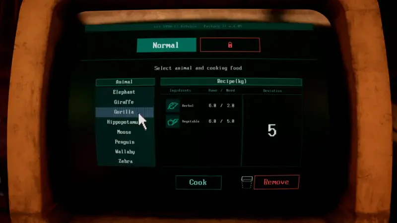 A gameplay screen from the video game Zoochosis, showcasing options for selecting animals and their cooking food, with various animal names and ingredients displayed.